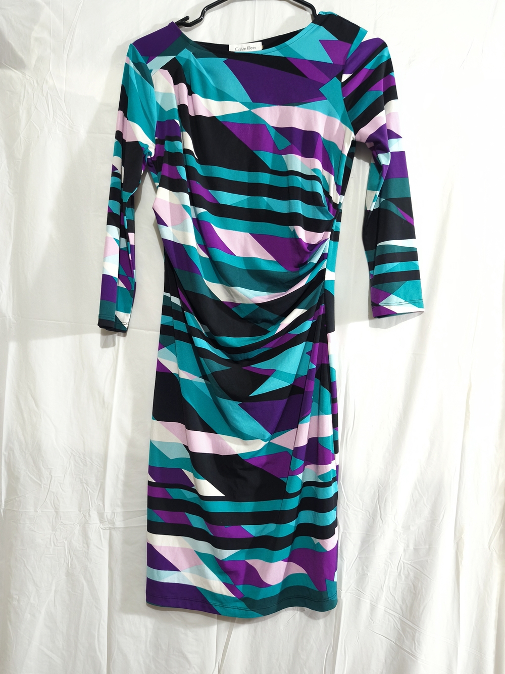 Calvin Klein Teal, Purple & Black Geometric Ruched Sheath Dress